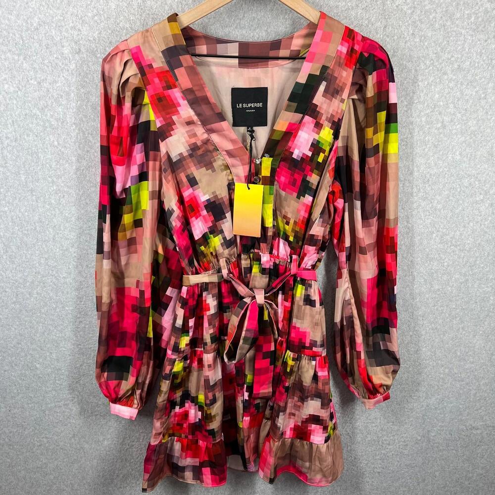 Le Superbe‎ Dress Aromatherapy Floral Pixelated Tie Waist V Neck Women’s 4 NWT